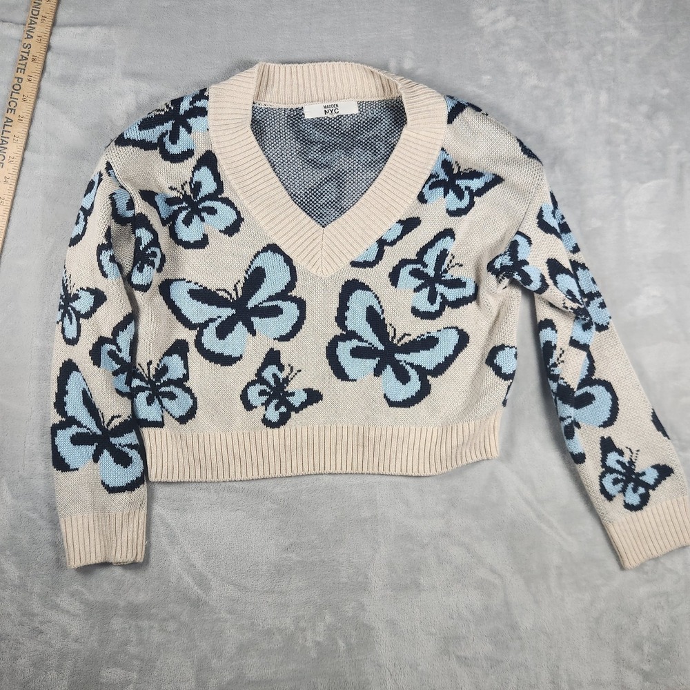Madden‎ NYC Butterfly Cropped V-Neck Sweater Womens L Y2K Whimsical Preppy